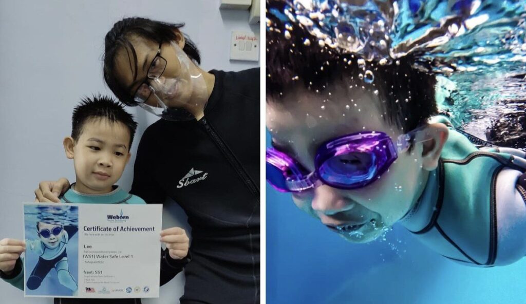 Child proudly holding a WeBorn Swim Academy Certificate of Achievement with an underwater photo of themselves, next to the underwater photo taken during class