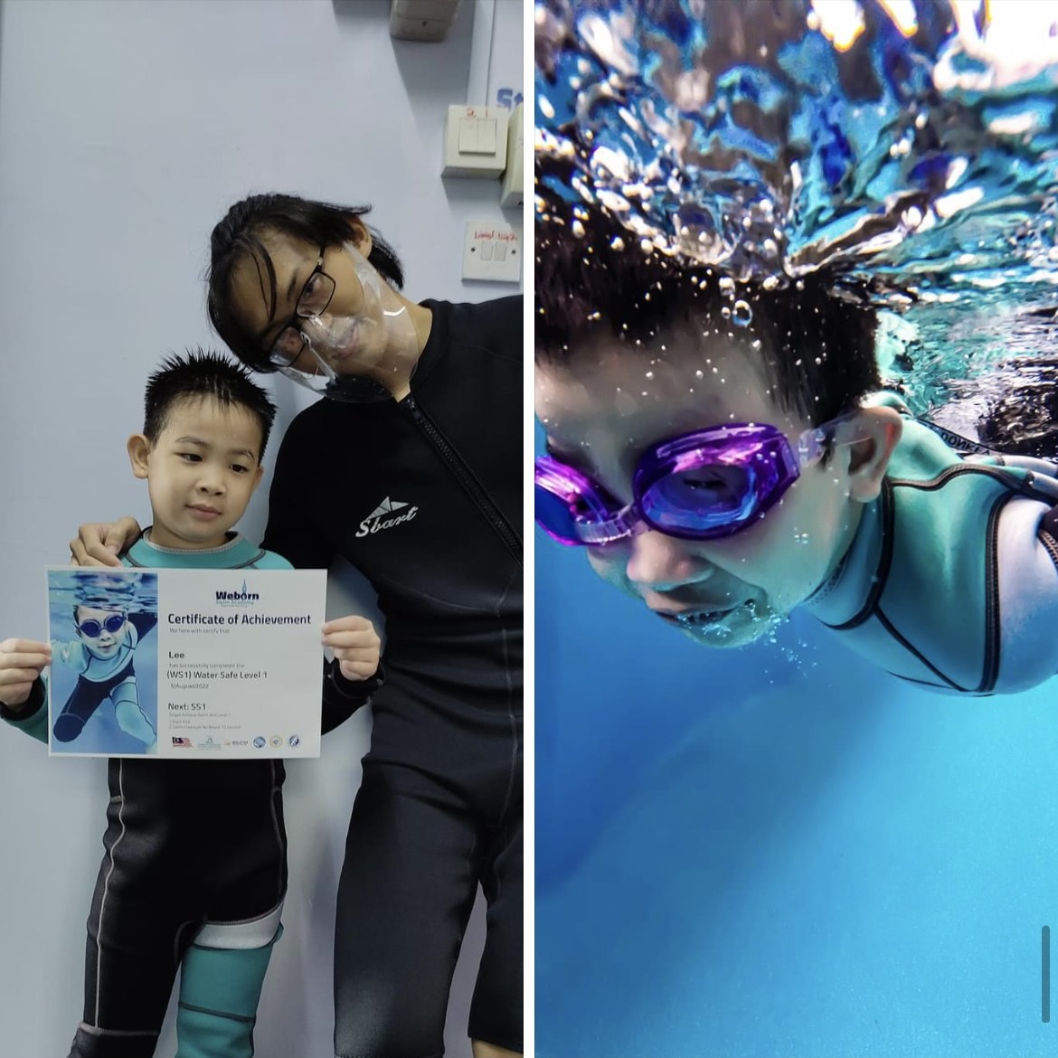 Kanak-kanak memegang Sijil Pencapaian WeBorn Akademi Renang yang mengandungi gambar bawah air dirinya, bersebelahan gambar bawah air yang diambil semasa kelas